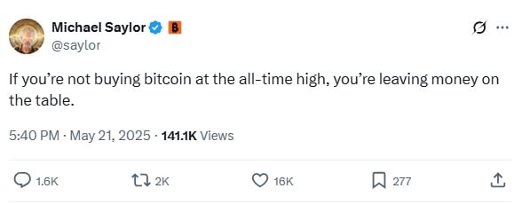 Michael Saylor's tweet nadat Bitcoin terugkeert naar 100k
