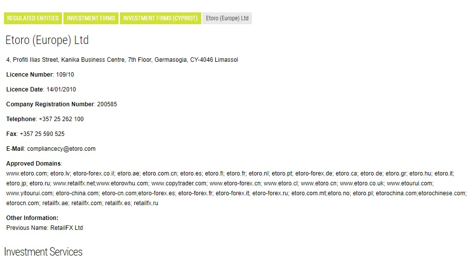 eToro Europe Ltd CySEC registratiegegevens en goedgekeurde domeinen