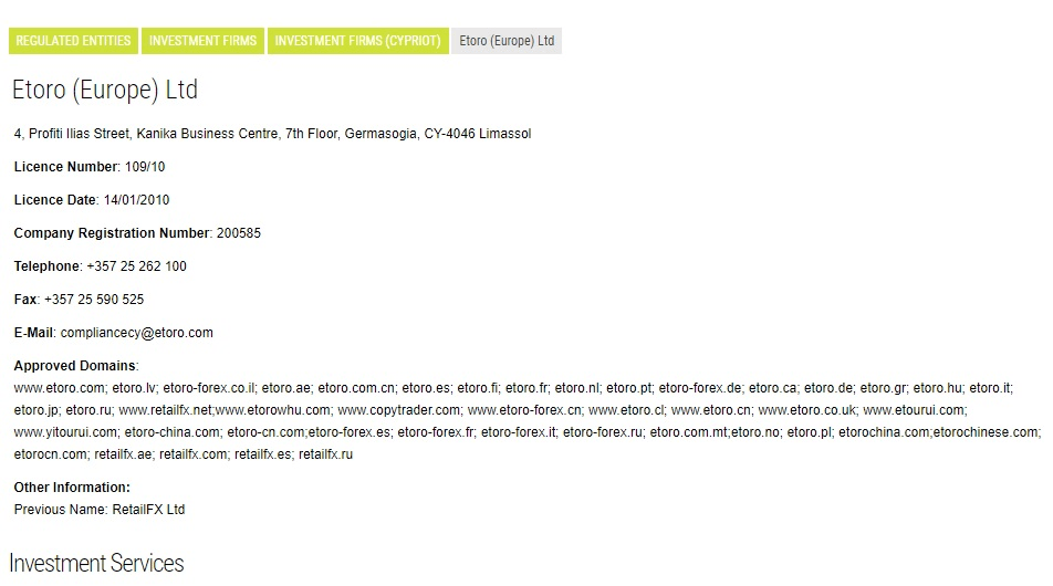 eToro Europe Ltd CySEC registratiegegevens en goedgekeurde domeinen