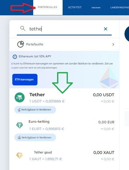 Stap 1: zoek de stablecoin in de exchange