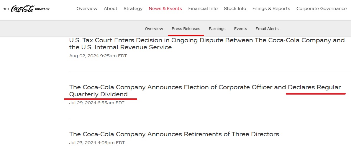 Voorbeeld van de dividendcommunicatie van Coca-Cola in de sectie persberichten