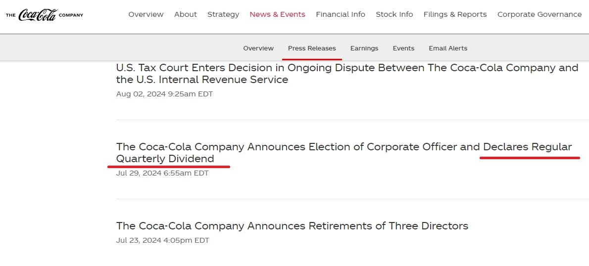 Voorbeeld van de dividendcommunicatie van Coca-Cola in de sectie persberichten