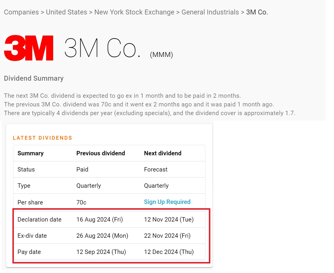 Dividendinformatie in Dividend Max | Voorbeeld met 3M