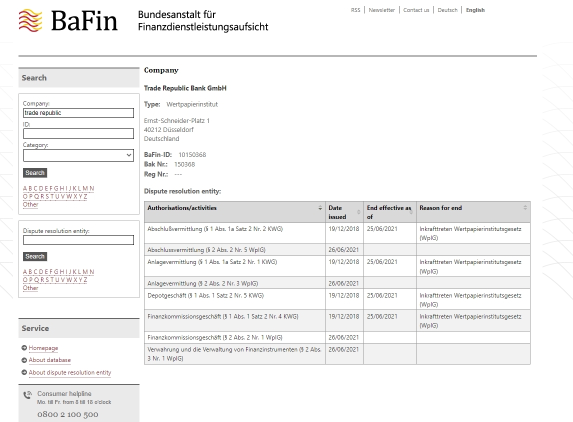 Ba Fin Regulering van Trade Republic