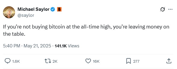 Michael Saylor's tweet nadat Bitcoin terugkeert naar 100k